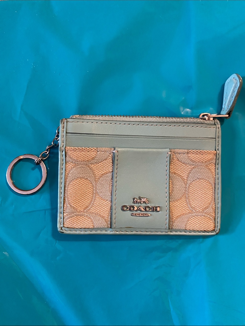 Coach Beige Signature Canvas Card Case with Light Blue Trim Keyring